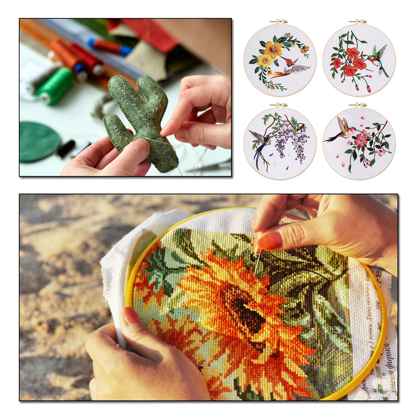 4PCS Nectar-Feeding Hummingbird - DIY Embroidery Cross Stitch Kit with Pattern Cotton Threads Needles Hoop 30x30CM/11.81x11.81in