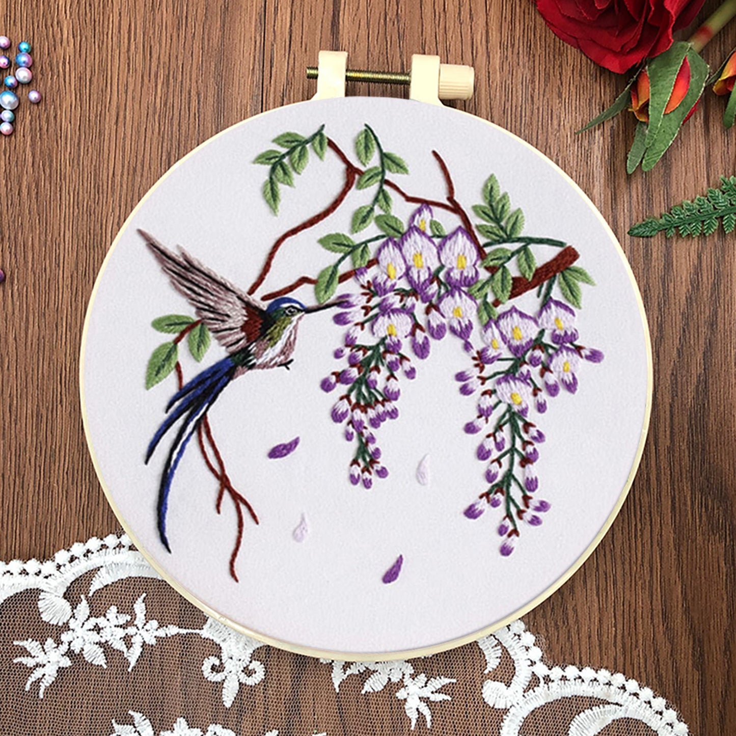 4PCS Nectar-Feeding Hummingbird - DIY Embroidery Cross Stitch Kit with Pattern Cotton Threads Needles Hoop 30x30CM/11.81x11.81in
