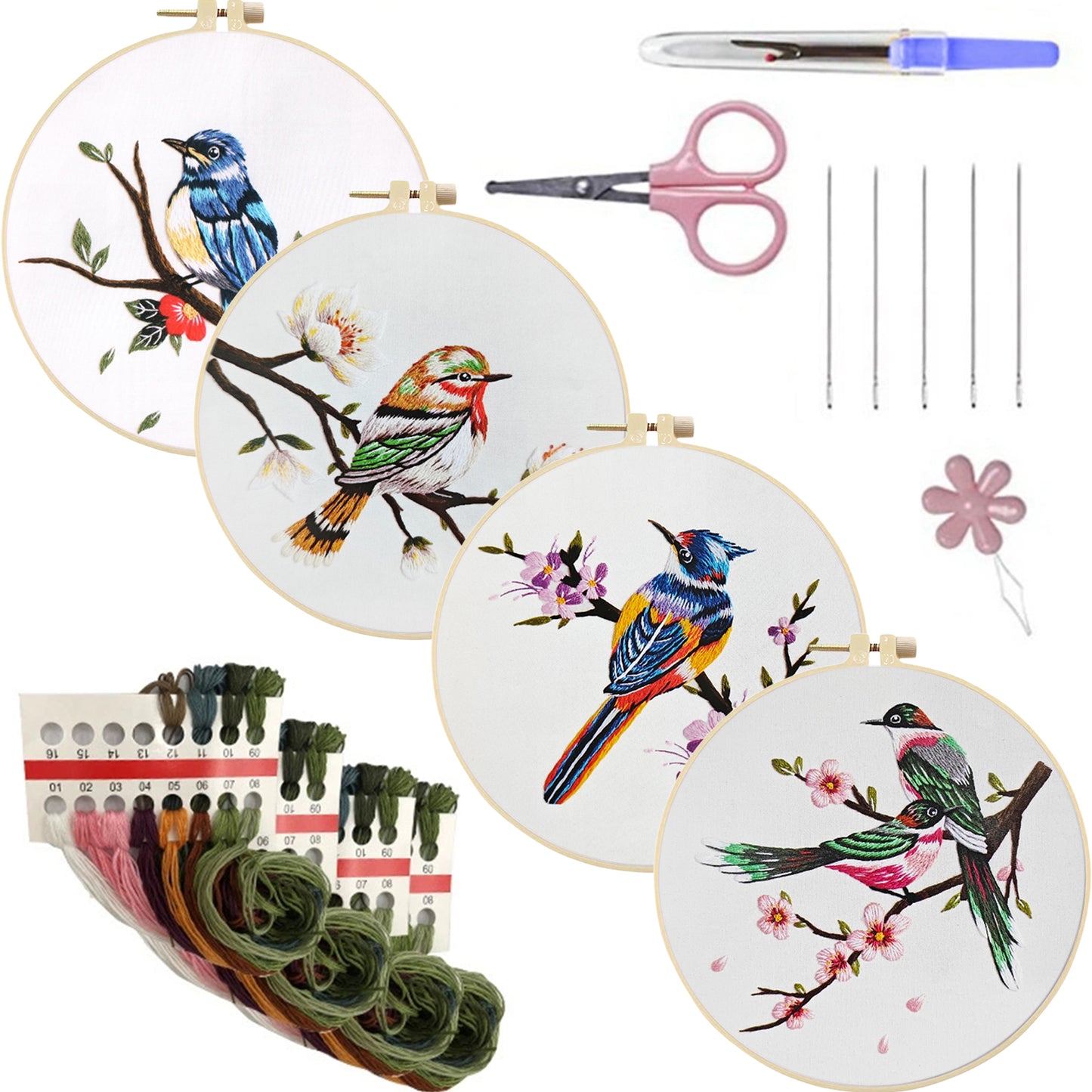4PCS Birds - DIY Embroidery Cross Stitch Kit with Pattern Cotton Threads Needles Hoop 30x30CM/11.81x11.81in