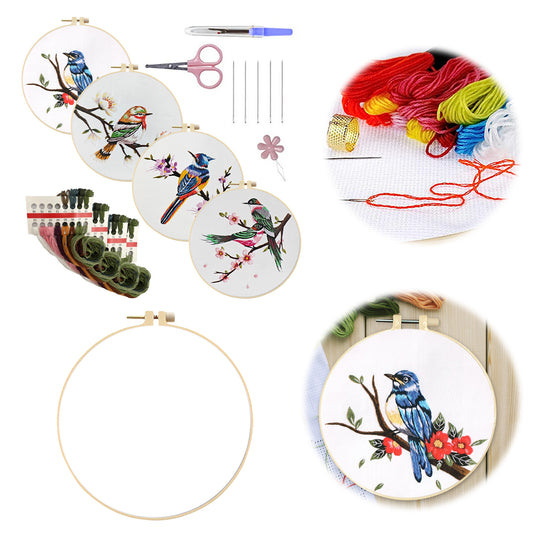 4PCS Birds - DIY Embroidery Cross Stitch Kit with Pattern Cotton Threads Needles Hoop 30x30CM/11.81x11.81in