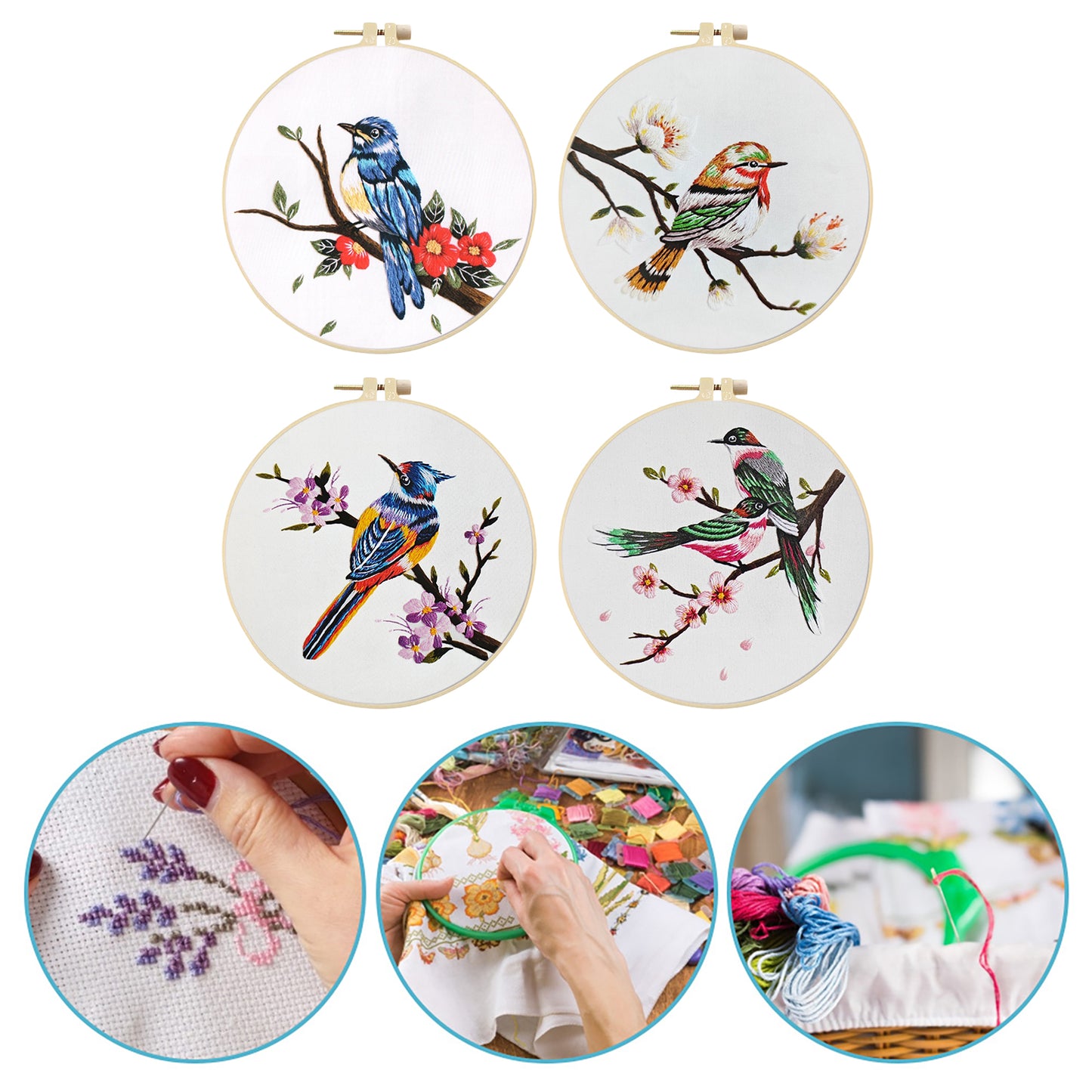 4PCS Birds - DIY Embroidery Cross Stitch Kit with Pattern Cotton Threads Needles Hoop 30x30CM/11.81x11.81in