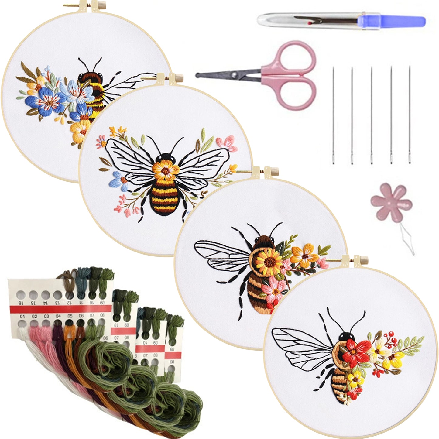 4PCS Bee - DIY Embroidery Cross Stitch Kit with Pattern Cotton Threads Needles Hoop 30x30CM/11.81x11.81in