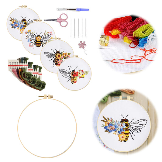 4PCS Bee - DIY Embroidery Cross Stitch Kit with Pattern Cotton Threads Needles Hoop 30x30CM/11.81x11.81in