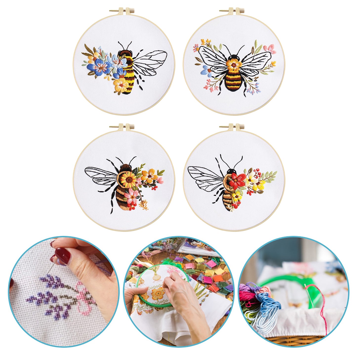 4PCS Bee - DIY Embroidery Cross Stitch Kit with Pattern Cotton Threads Needles Hoop 30x30CM/11.81x11.81in