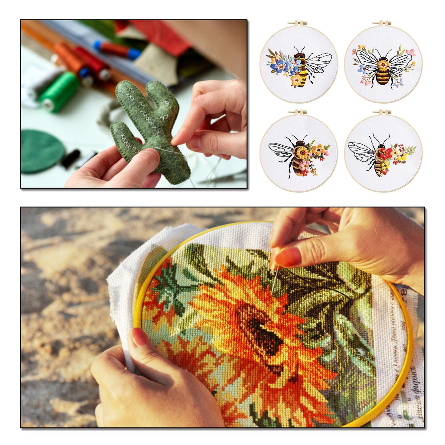 4PCS Bee - DIY Embroidery Cross Stitch Kit with Pattern Cotton Threads Needles Hoop 30x30CM/11.81x11.81in