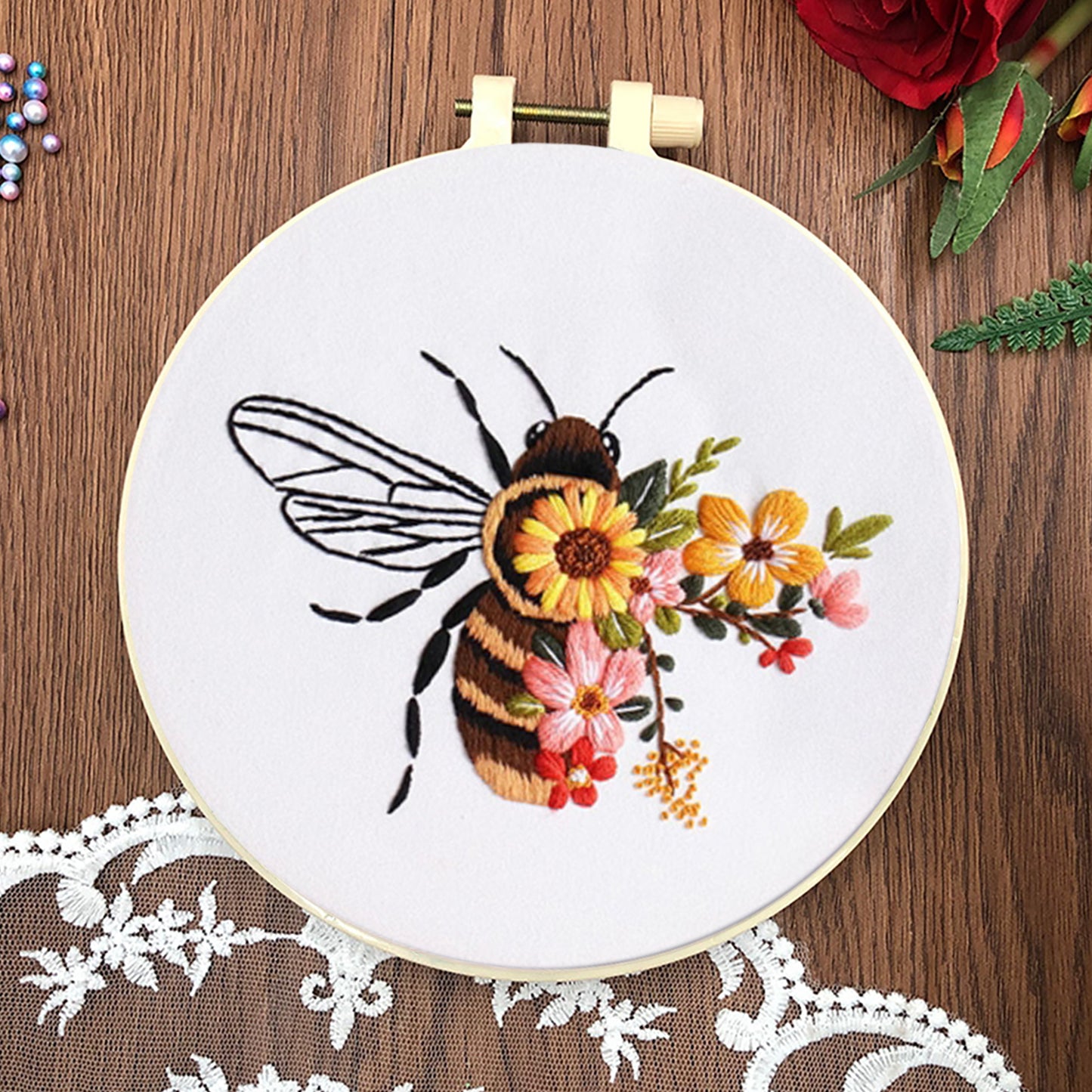 4PCS Bee - DIY Embroidery Cross Stitch Kit with Pattern Cotton Threads Needles Hoop 30x30CM/11.81x11.81in