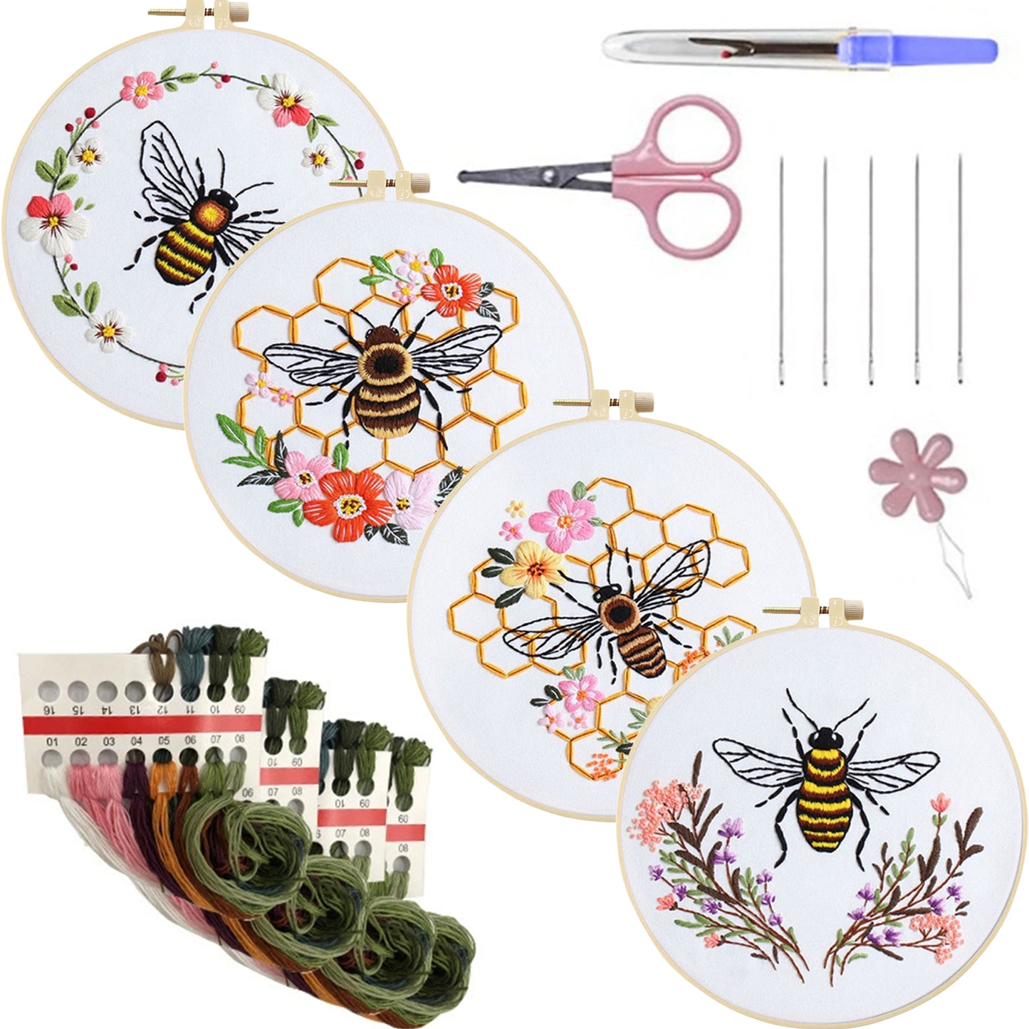 4PCS Bee & Flowers - DIY Embroidery Cross Stitch Kit with Pattern Cotton Threads Needles Hoop 30x30CM/11.81x11.81in