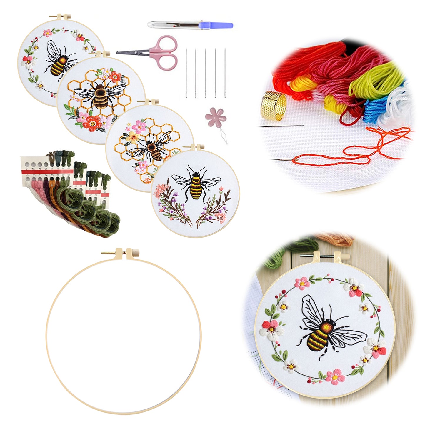 4PCS Bee & Flowers - DIY Embroidery Cross Stitch Kit with Pattern Cotton Threads Needles Hoop 30x30CM/11.81x11.81in