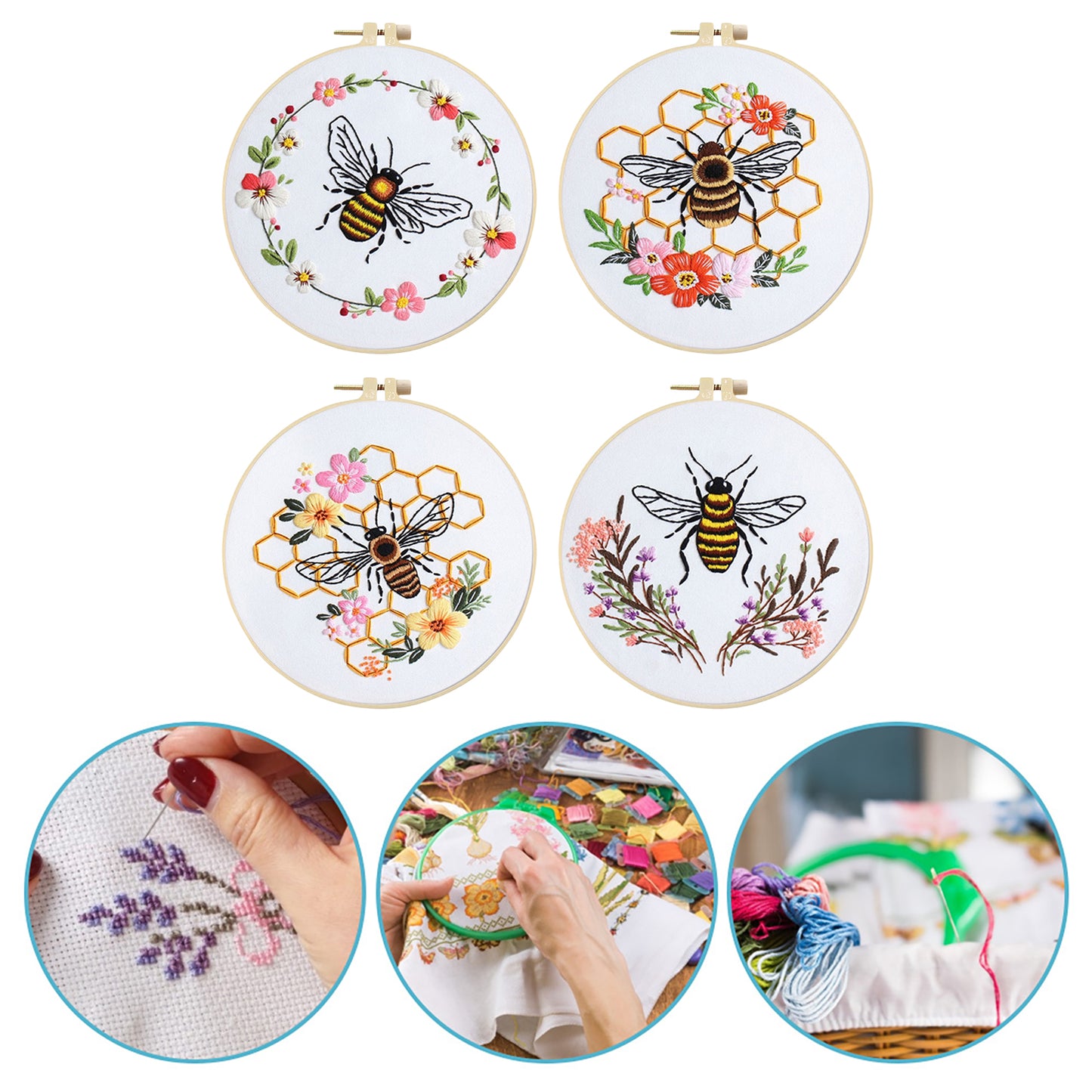4PCS Bee & Flowers - DIY Embroidery Cross Stitch Kit with Pattern Cotton Threads Needles Hoop 30x30CM/11.81x11.81in