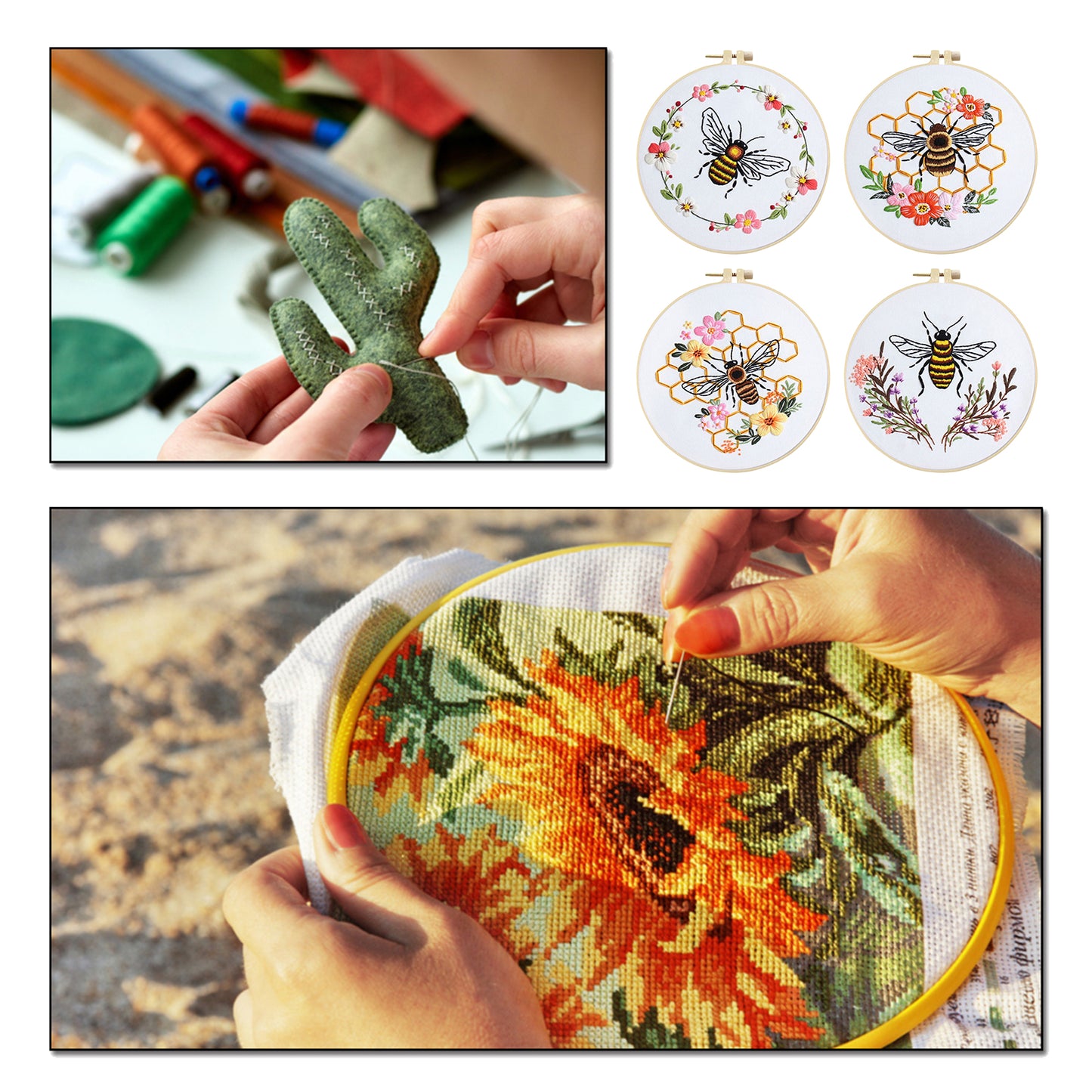 4PCS Bee & Flowers - DIY Embroidery Cross Stitch Kit with Pattern Cotton Threads Needles Hoop 30x30CM/11.81x11.81in