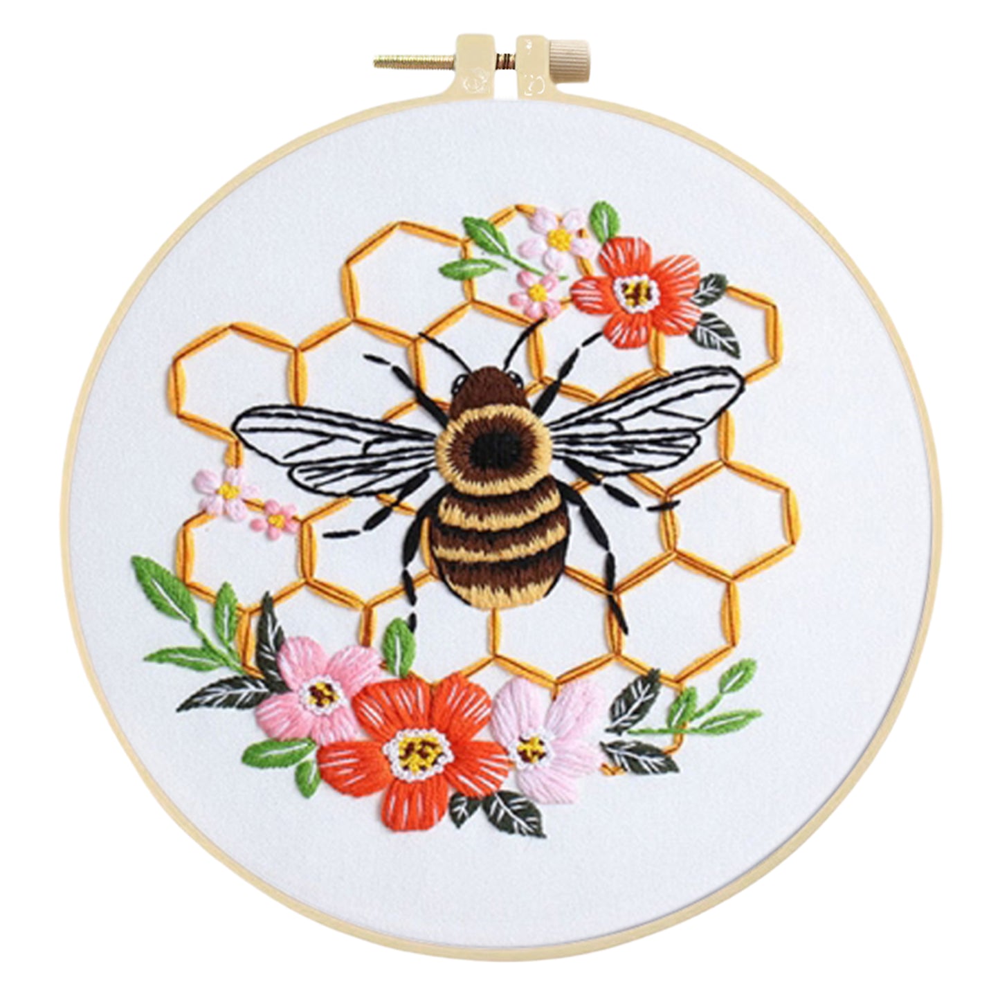 4PCS Bee & Flowers - DIY Embroidery Cross Stitch Kit with Pattern Cotton Threads Needles Hoop 30x30CM/11.81x11.81in