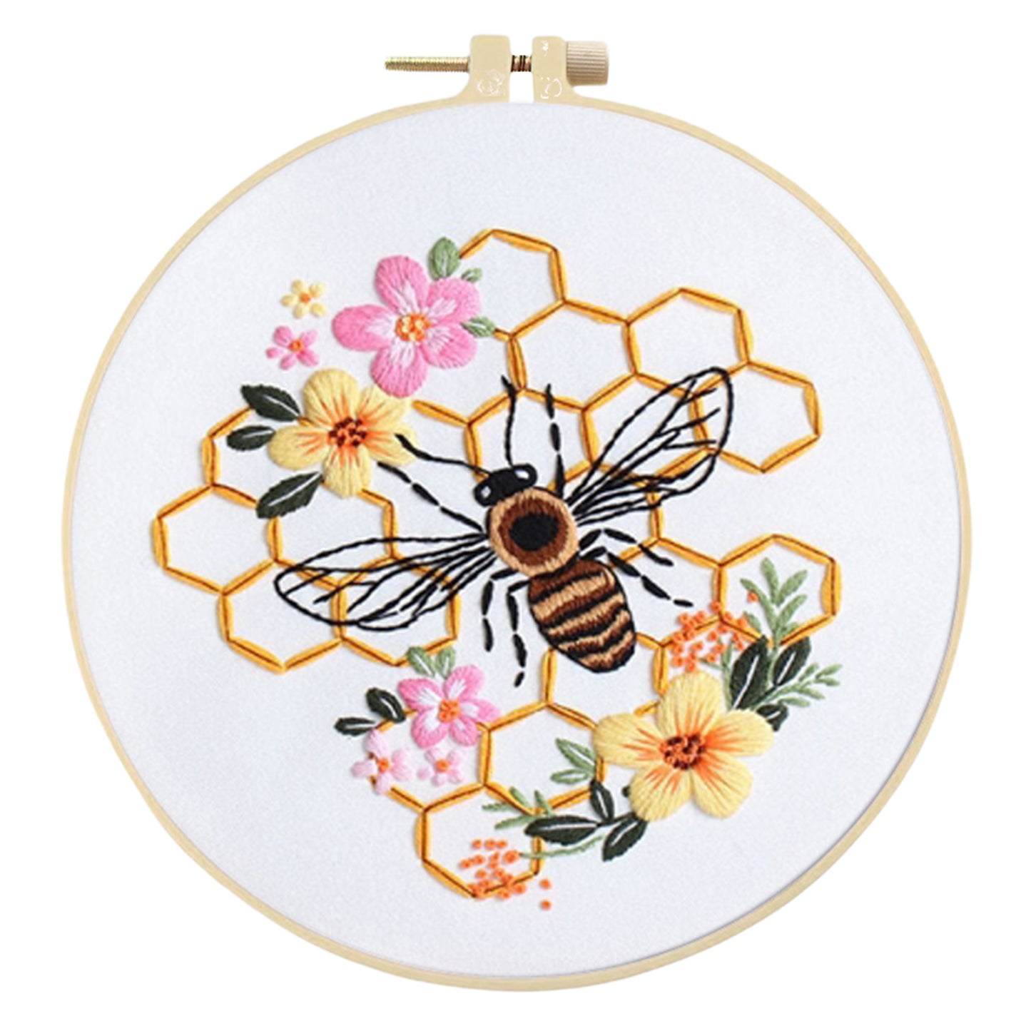 4PCS Bee & Flowers - DIY Embroidery Cross Stitch Kit with Pattern Cotton Threads Needles Hoop 30x30CM/11.81x11.81in