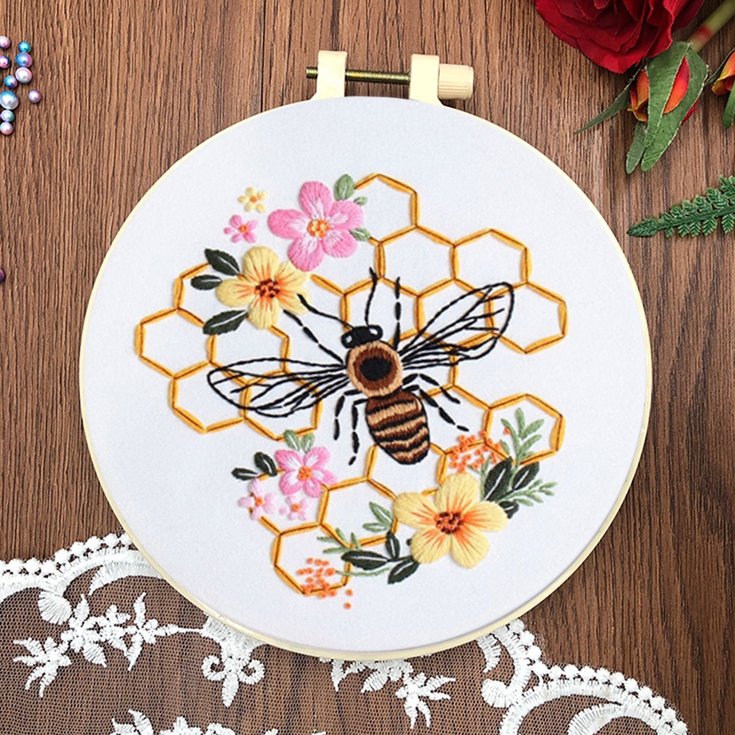 4PCS Bee & Flowers - DIY Embroidery Cross Stitch Kit with Pattern Cotton Threads Needles Hoop 30x30CM/11.81x11.81in
