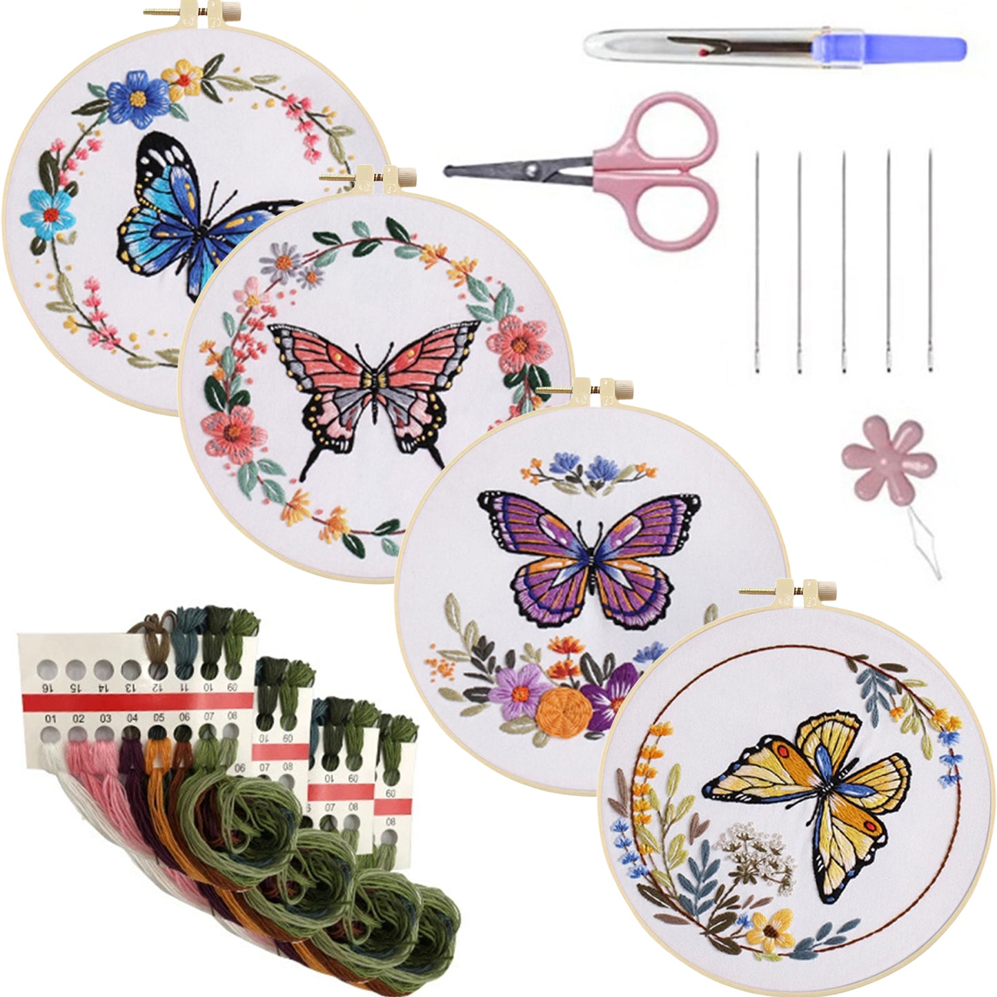 4PCS Butterfly & Flowers - DIY Embroidery Cross Stitch Kit with Pattern Cotton Threads Needles Hoop 30x30CM/11.81x11.81in