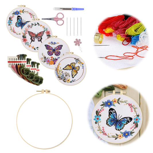 4PCS Butterfly & Flowers - DIY Embroidery Cross Stitch Kit with Pattern Cotton Threads Needles Hoop 30x30CM/11.81x11.81in
