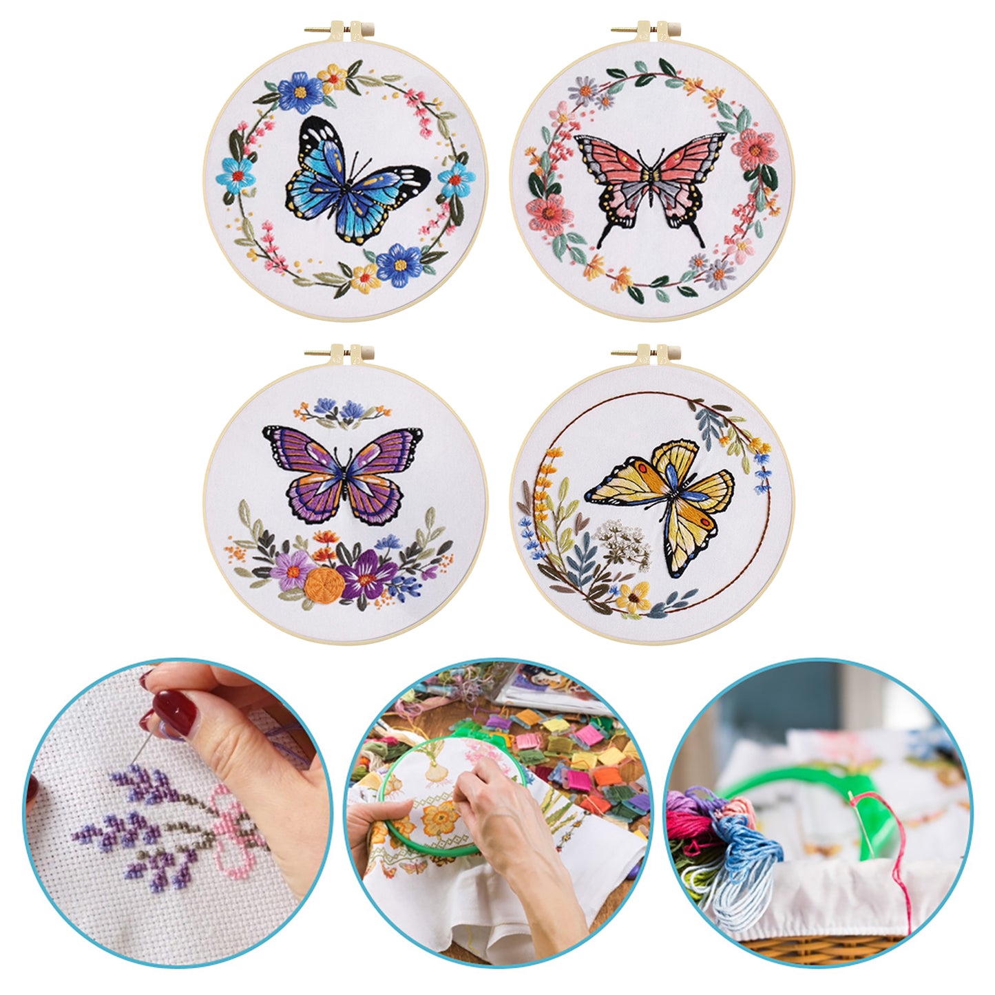 4PCS Butterfly & Flowers - DIY Embroidery Cross Stitch Kit with Pattern Cotton Threads Needles Hoop 30x30CM/11.81x11.81in