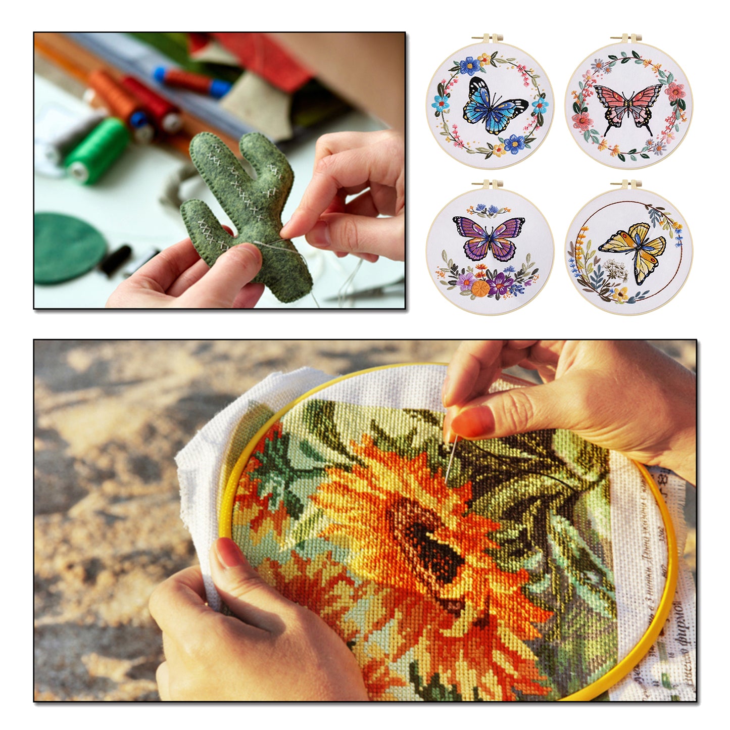 4PCS Butterfly & Flowers - DIY Embroidery Cross Stitch Kit with Pattern Cotton Threads Needles Hoop 30x30CM/11.81x11.81in