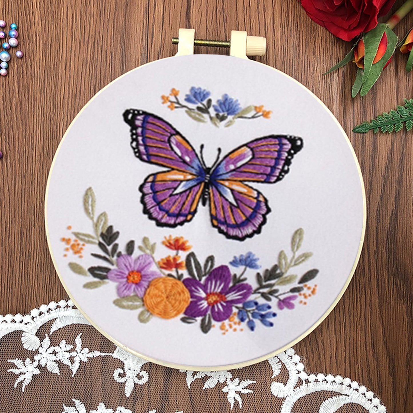 4PCS Butterfly & Flowers - DIY Embroidery Cross Stitch Kit with Pattern Cotton Threads Needles Hoop 30x30CM/11.81x11.81in