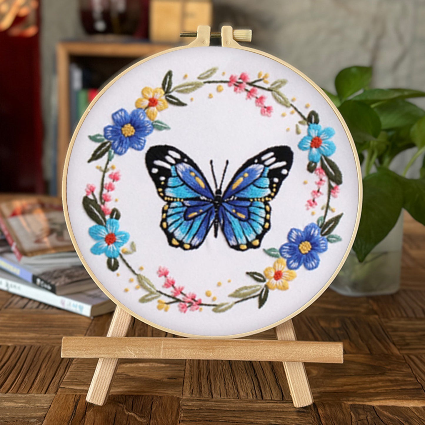 4PCS Butterfly & Flowers - DIY Embroidery Cross Stitch Kit with Pattern Cotton Threads Needles Hoop 30x30CM/11.81x11.81in