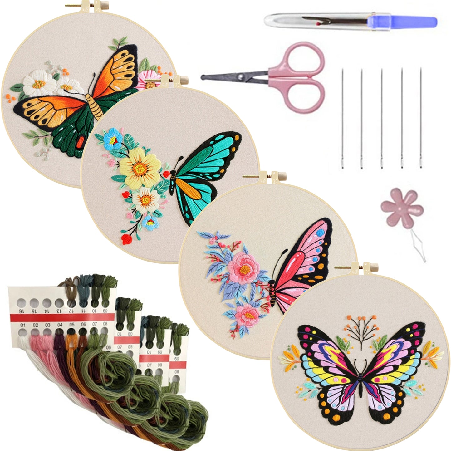 4PCS Colorful Butterflies - DIY Embroidery Cross Stitch Kit with Pattern Cotton Threads Needles Hoop 30x30CM/11.81x11.81in
