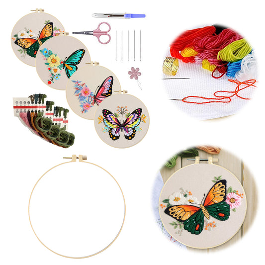4PCS Colorful Butterflies - DIY Embroidery Cross Stitch Kit with Pattern Cotton Threads Needles Hoop 30x30CM/11.81x11.81in