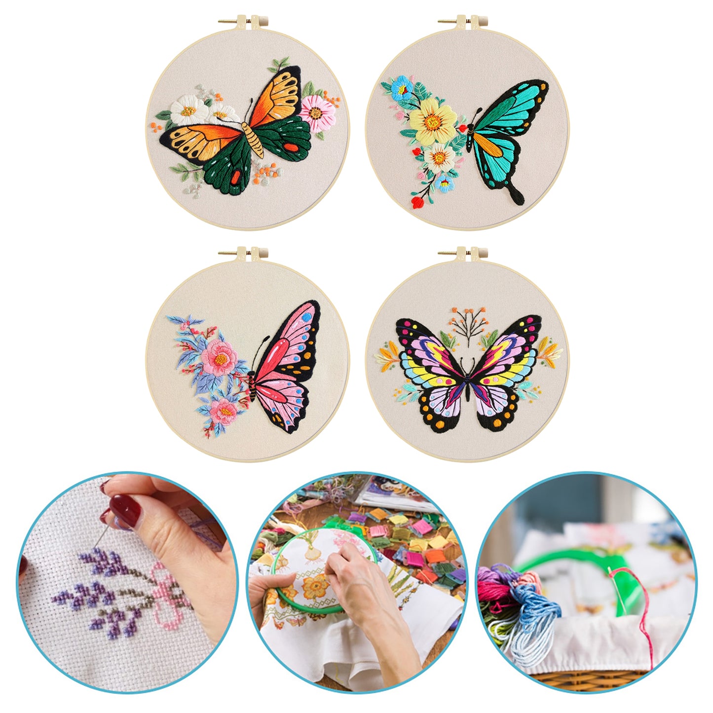 4PCS Colorful Butterflies - DIY Embroidery Cross Stitch Kit with Pattern Cotton Threads Needles Hoop 30x30CM/11.81x11.81in