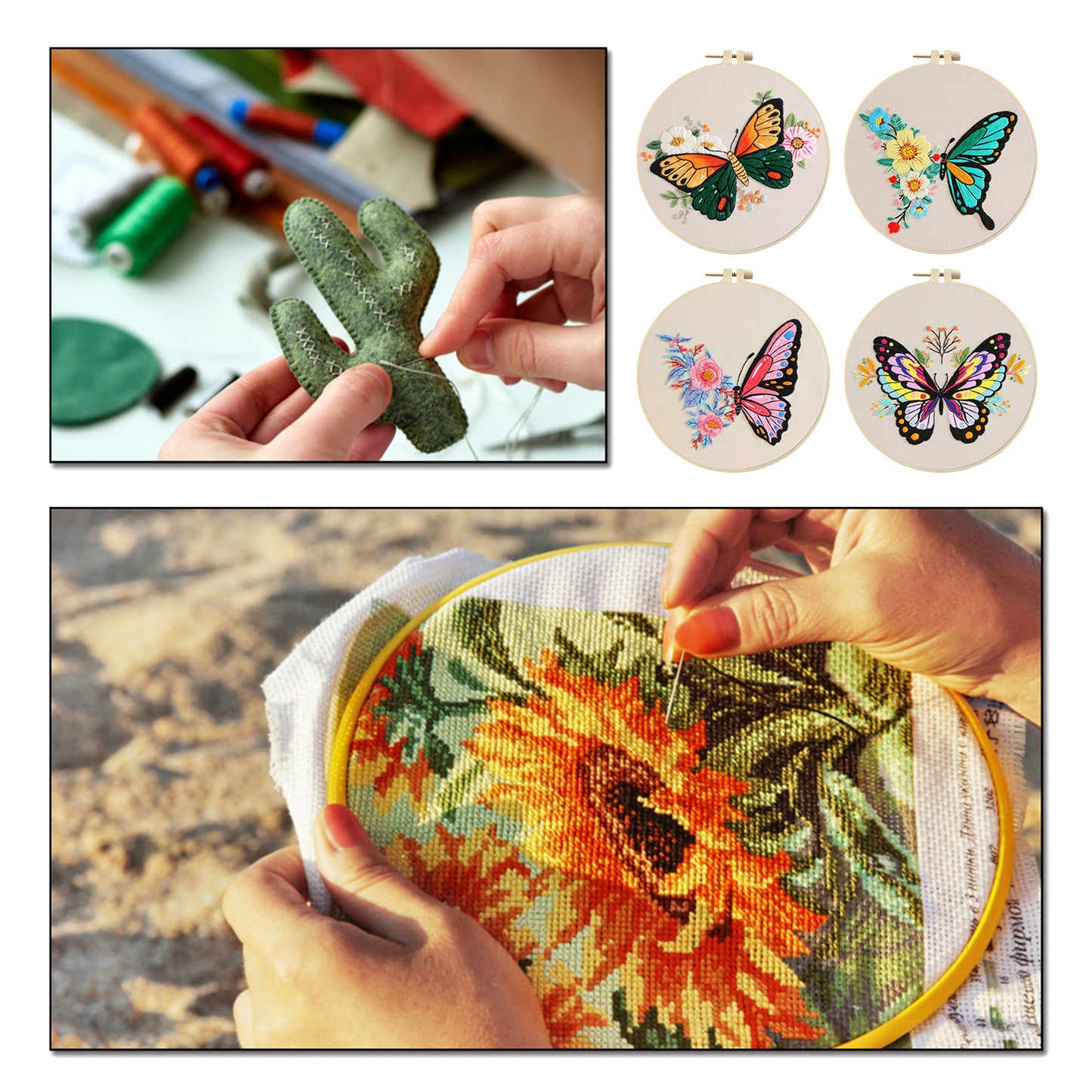 4PCS Colorful Butterflies - DIY Embroidery Cross Stitch Kit with Pattern Cotton Threads Needles Hoop 30x30CM/11.81x11.81in