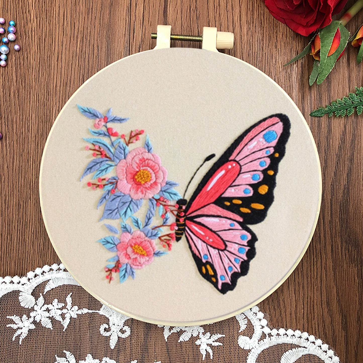 4PCS Colorful Butterflies - DIY Embroidery Cross Stitch Kit with Pattern Cotton Threads Needles Hoop 30x30CM/11.81x11.81in