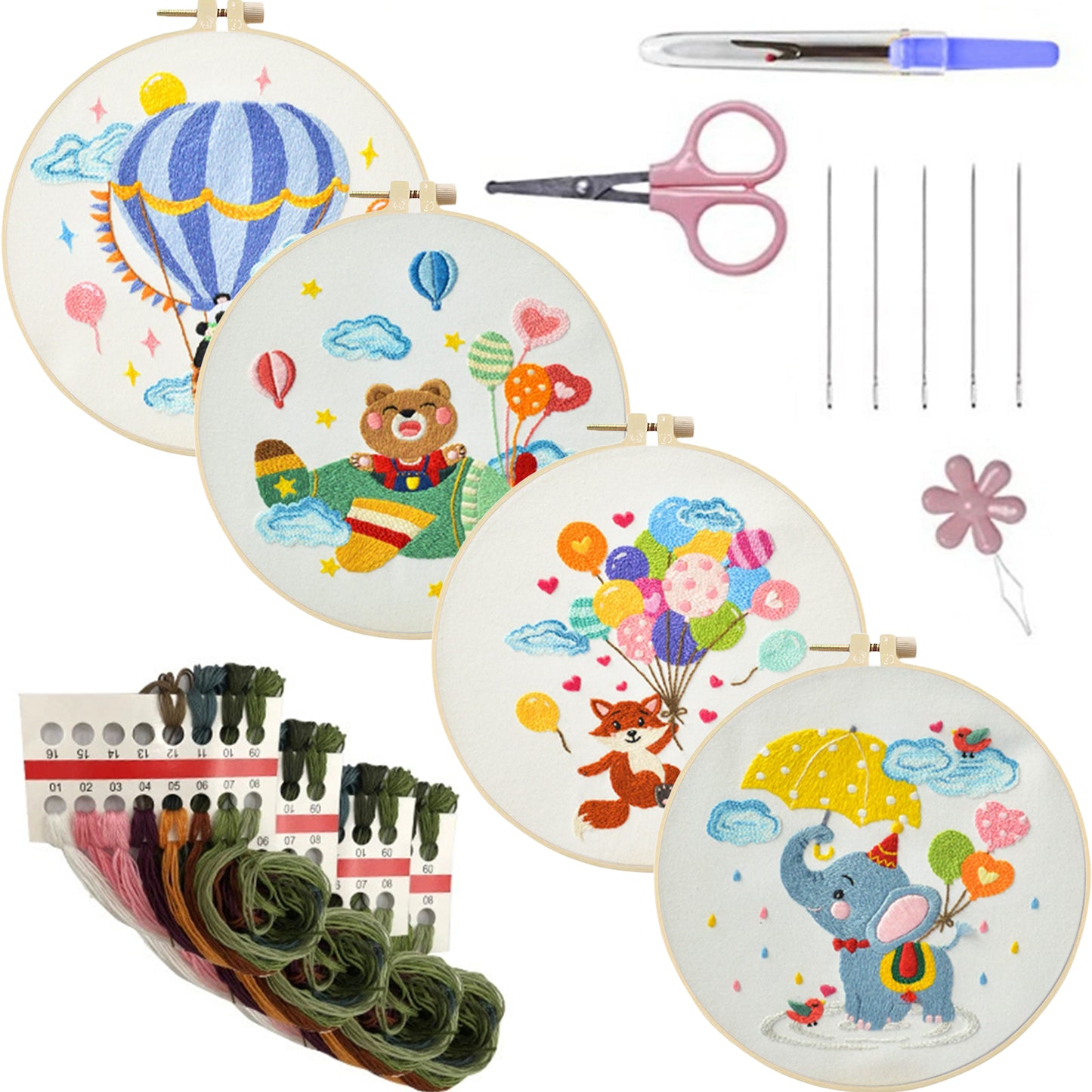 4PCS Animals & Balloons - DIY Embroidery Cross Stitch Kit with Pattern Cotton Threads Needles Hoop 30x30CM/11.81x11.81in