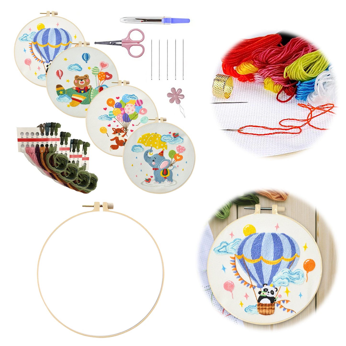 4PCS Animals & Balloons - DIY Embroidery Cross Stitch Kit with Pattern Cotton Threads Needles Hoop 30x30CM/11.81x11.81in