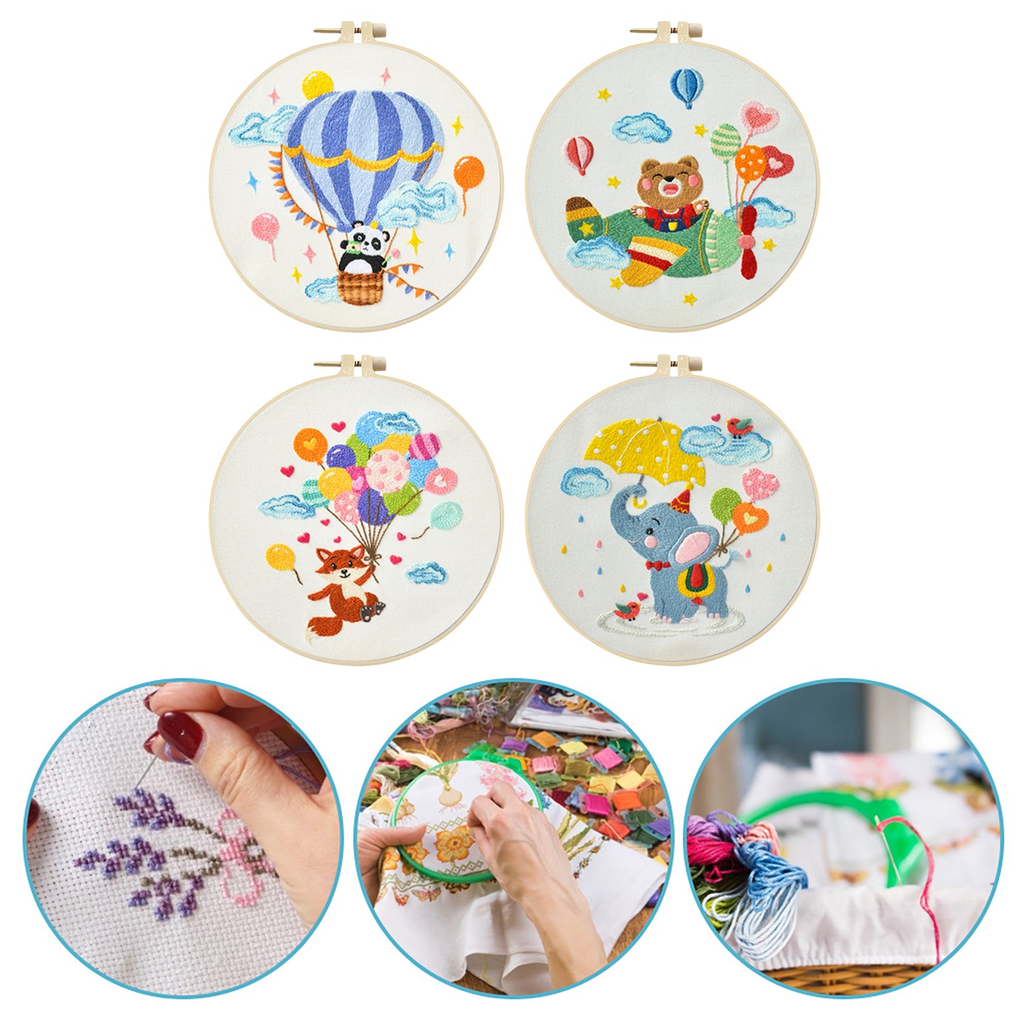 4PCS Animals & Balloons - DIY Embroidery Cross Stitch Kit with Pattern Cotton Threads Needles Hoop 30x30CM/11.81x11.81in