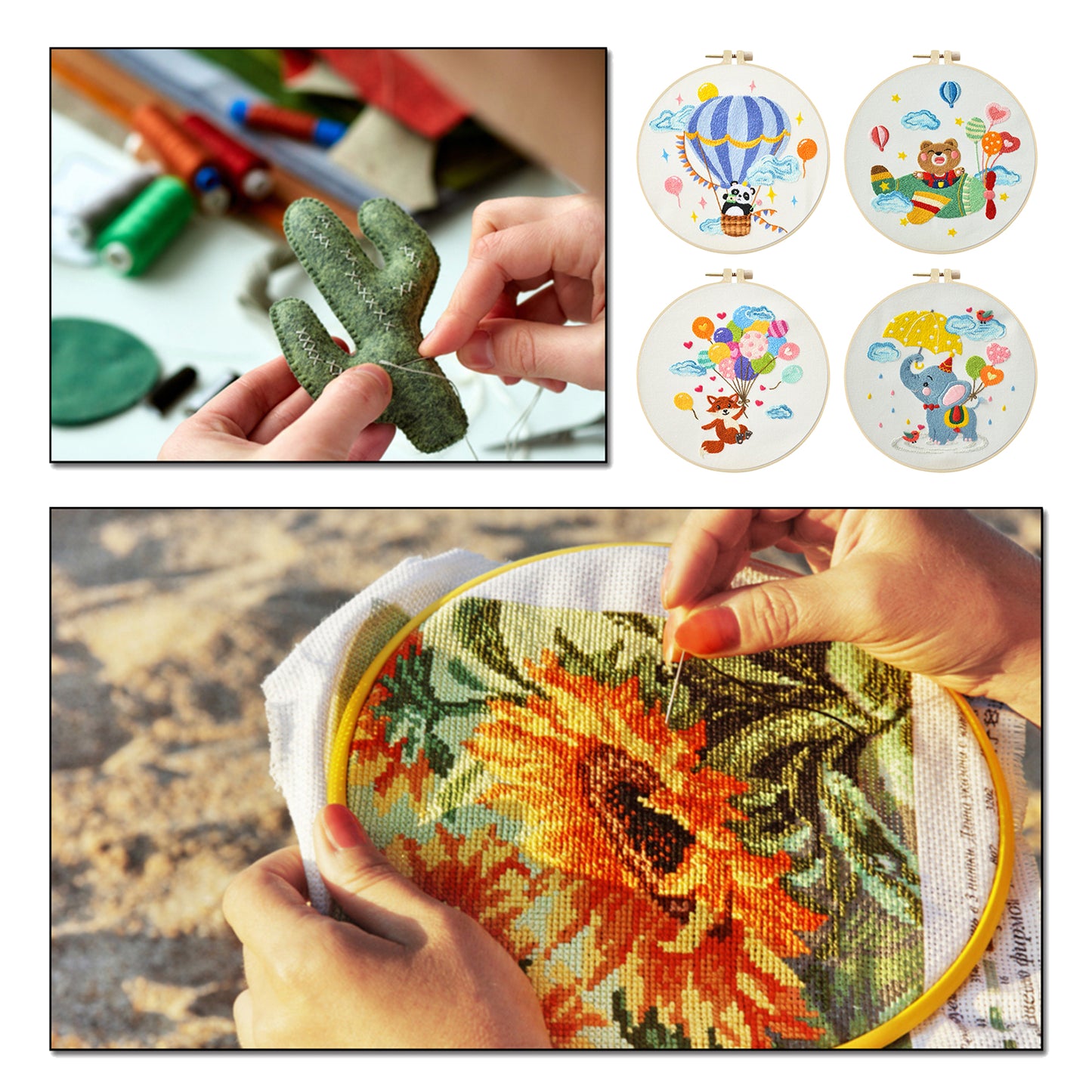 4PCS Animals & Balloons - DIY Embroidery Cross Stitch Kit with Pattern Cotton Threads Needles Hoop 30x30CM/11.81x11.81in