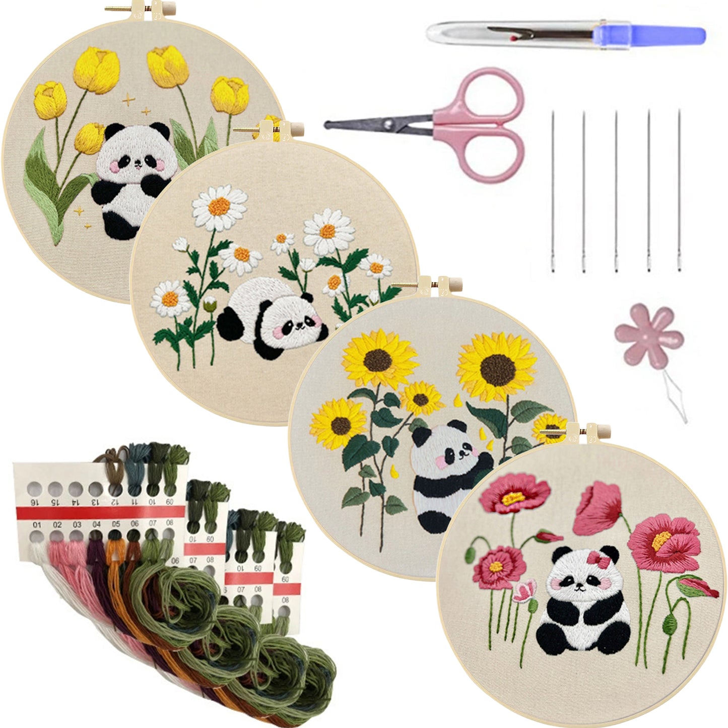 4PCS Panda & Flowers - DIY Embroidery Cross Stitch Kit with Pattern Cotton Threads Needles Hoop 30x30CM/11.81x11.81in