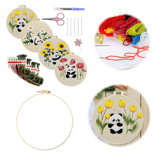 4PCS Panda & Flowers - DIY Embroidery Cross Stitch Kit with Pattern Cotton Threads Needles Hoop 30x30CM/11.81x11.81in