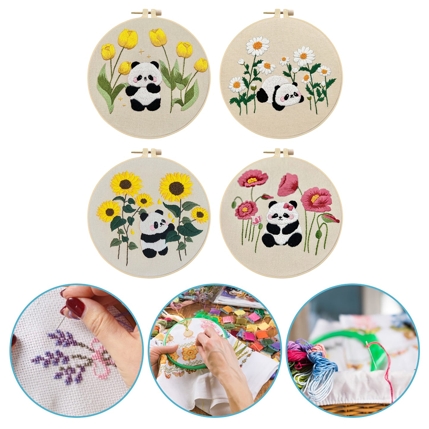 4PCS Panda & Flowers - DIY Embroidery Cross Stitch Kit with Pattern Cotton Threads Needles Hoop 30x30CM/11.81x11.81in