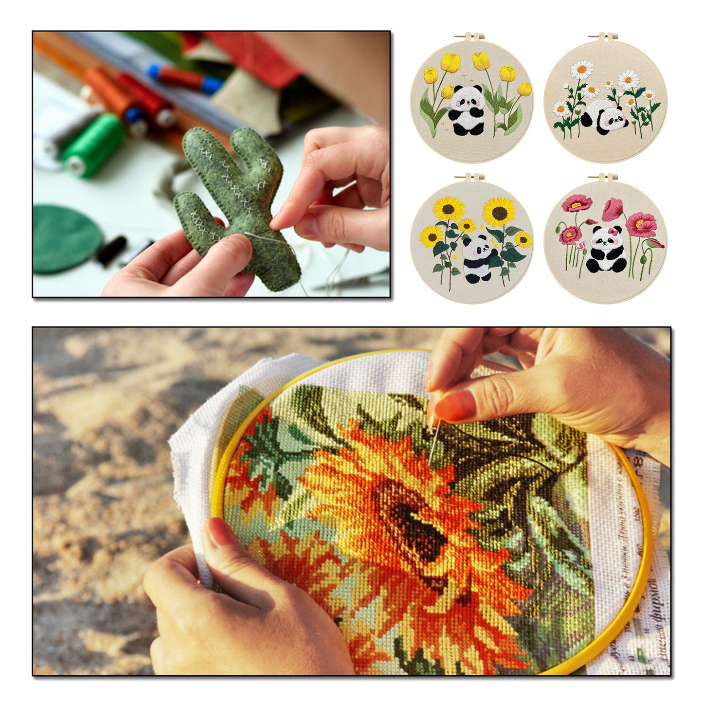 4PCS Panda & Flowers - DIY Embroidery Cross Stitch Kit with Pattern Cotton Threads Needles Hoop 30x30CM/11.81x11.81in