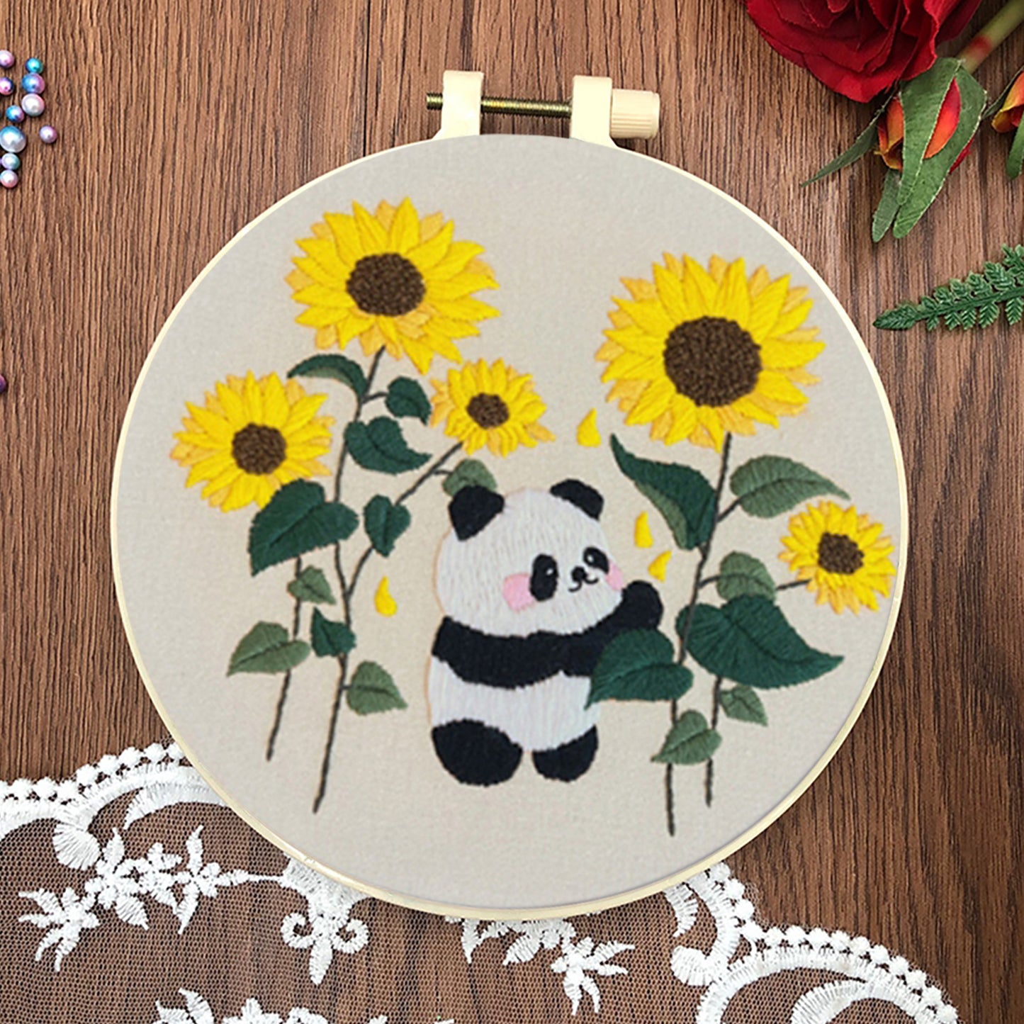 4PCS Panda & Flowers - DIY Embroidery Cross Stitch Kit with Pattern Cotton Threads Needles Hoop 30x30CM/11.81x11.81in