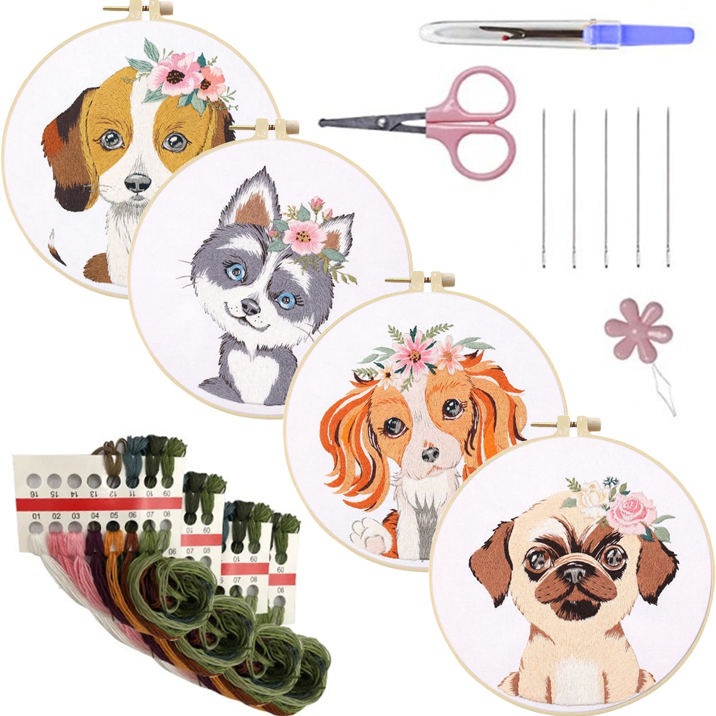 4PCS Puppy - DIY Embroidery Cross Stitch Kit with Pattern Cotton Threads Needles Hoop 30x30CM/11.81x11.81in