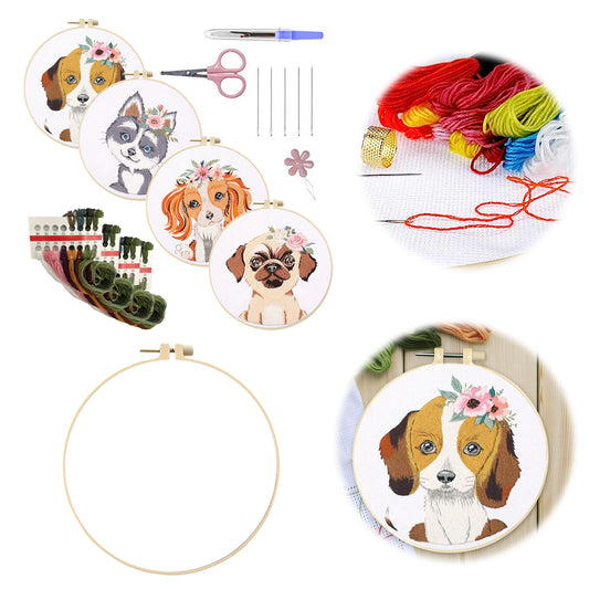 4PCS Puppy - DIY Embroidery Cross Stitch Kit with Pattern Cotton Threads Needles Hoop 30x30CM/11.81x11.81in