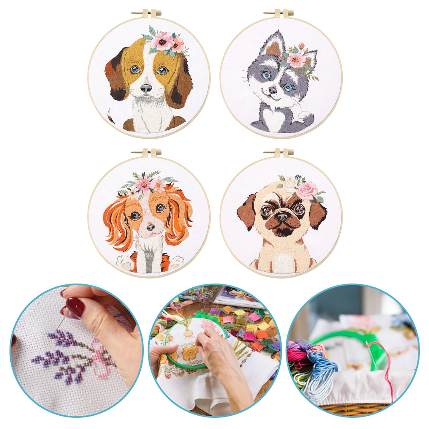 4PCS Puppy - DIY Embroidery Cross Stitch Kit with Pattern Cotton Threads Needles Hoop 30x30CM/11.81x11.81in
