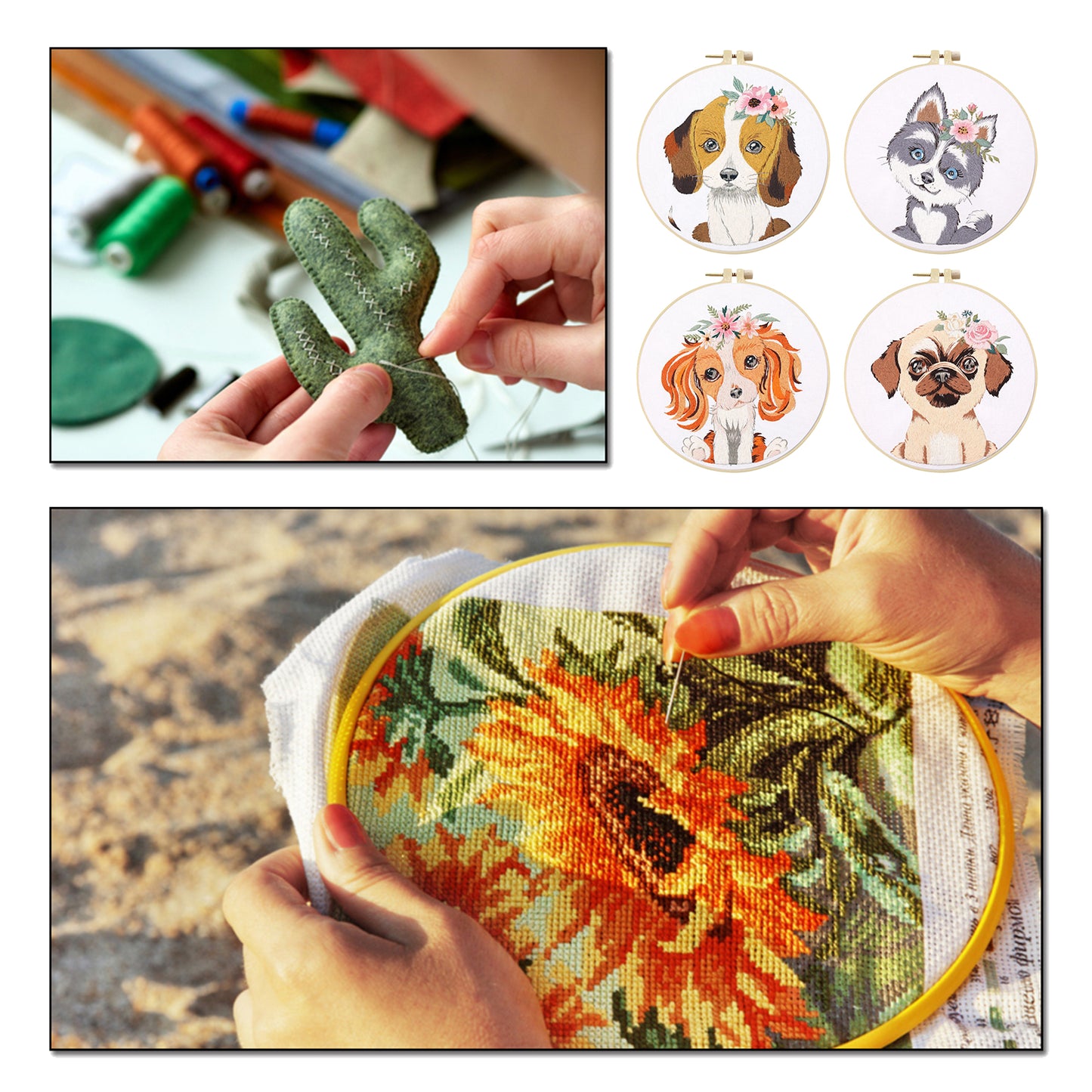 4PCS Puppy - DIY Embroidery Cross Stitch Kit with Pattern Cotton Threads Needles Hoop 30x30CM/11.81x11.81in