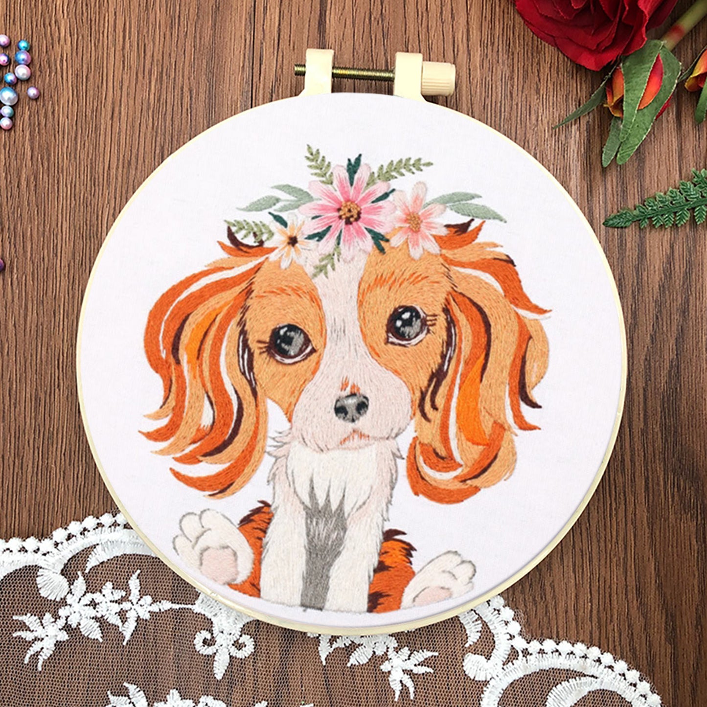 4PCS Puppy - DIY Embroidery Cross Stitch Kit with Pattern Cotton Threads Needles Hoop 30x30CM/11.81x11.81in
