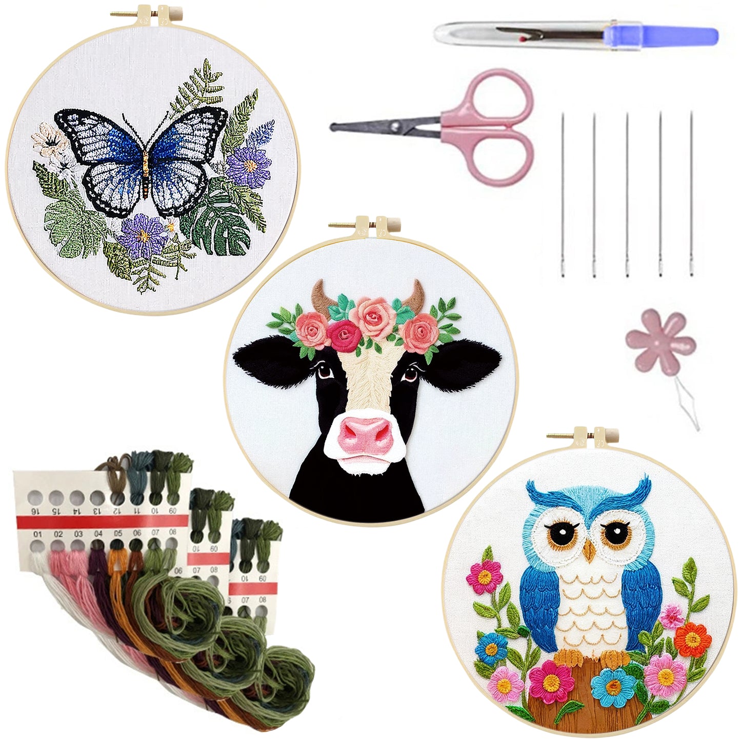 3PCS Animal - DIY Embroidery Cross Stitch Kit with Pattern Cotton Threads Needles Hoop 30x30CM/11.81x11.81in