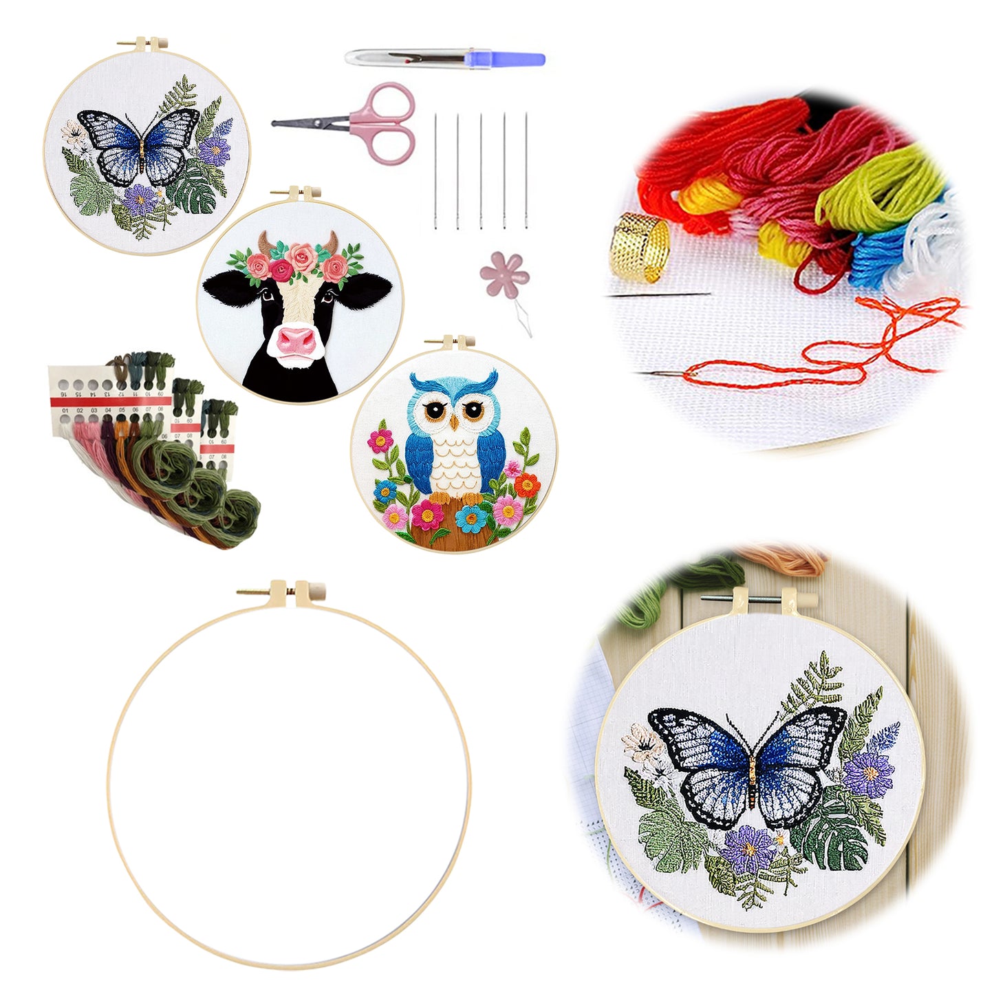 3PCS Animal - DIY Embroidery Cross Stitch Kit with Pattern Cotton Threads Needles Hoop 30x30CM/11.81x11.81in