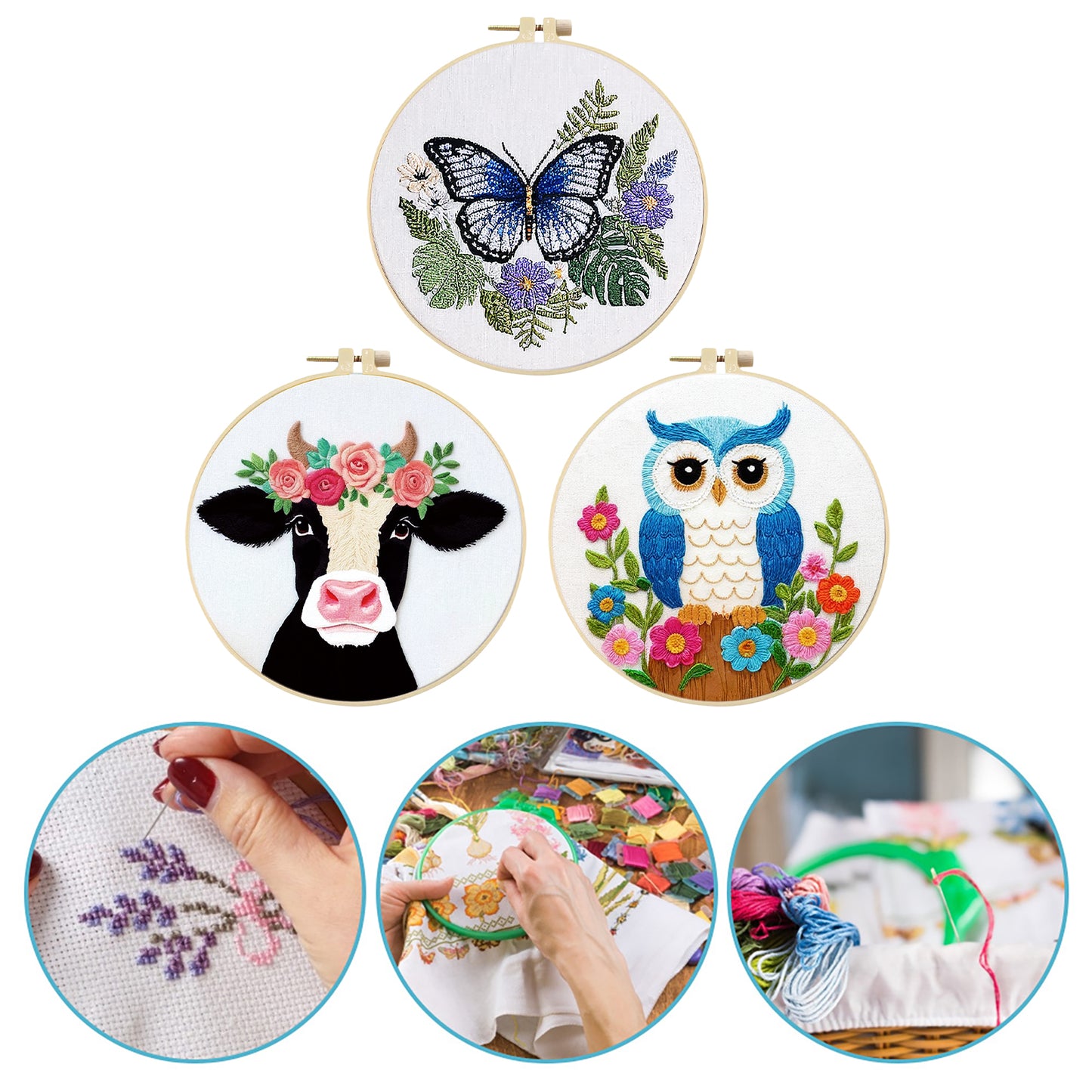 3PCS Animal - DIY Embroidery Cross Stitch Kit with Pattern Cotton Threads Needles Hoop 30x30CM/11.81x11.81in