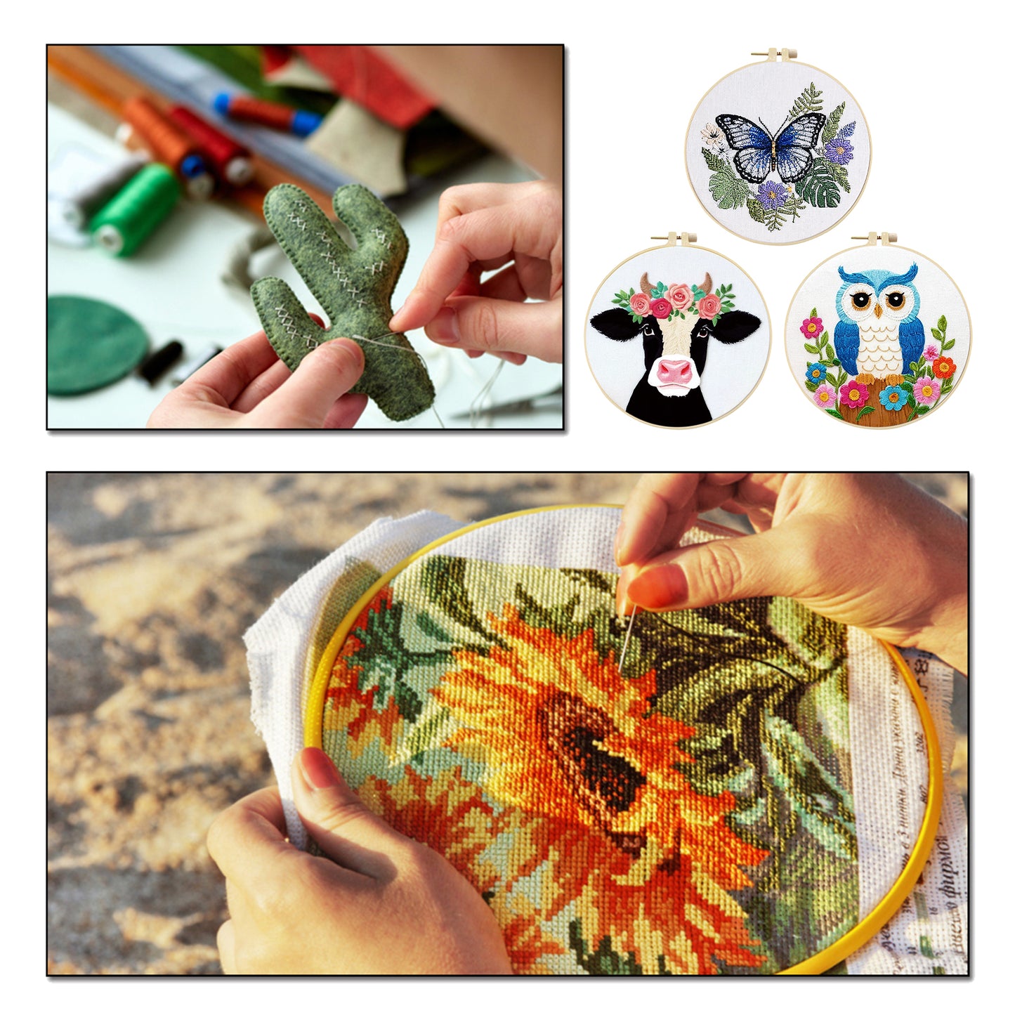 3PCS Animal - DIY Embroidery Cross Stitch Kit with Pattern Cotton Threads Needles Hoop 30x30CM/11.81x11.81in