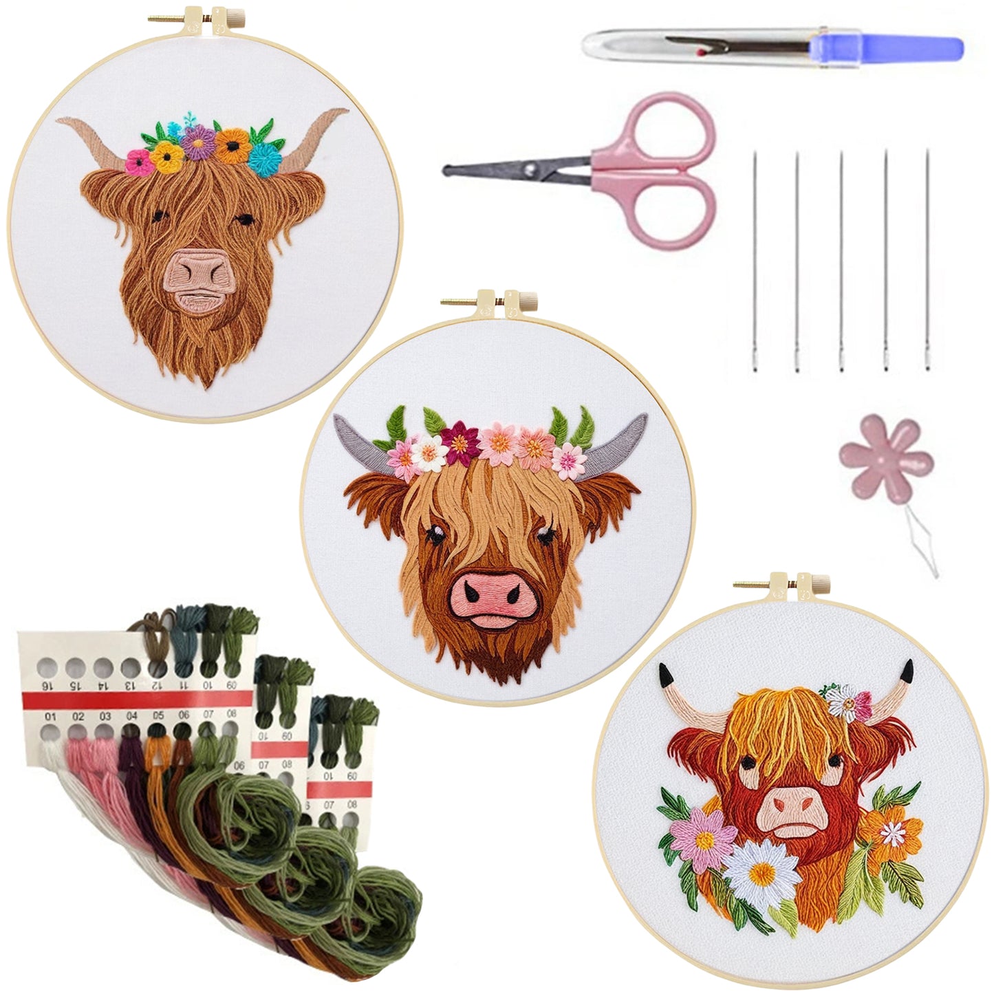 3PCS Yak - DIY Embroidery Cross Stitch Kit with Pattern Cotton Threads Needles Hoop 30x30CM/11.81x11.81in