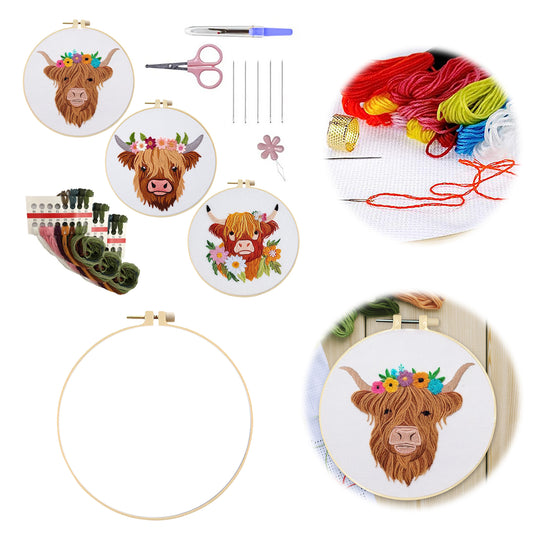 3PCS Yak - DIY Embroidery Cross Stitch Kit with Pattern Cotton Threads Needles Hoop 30x30CM/11.81x11.81in