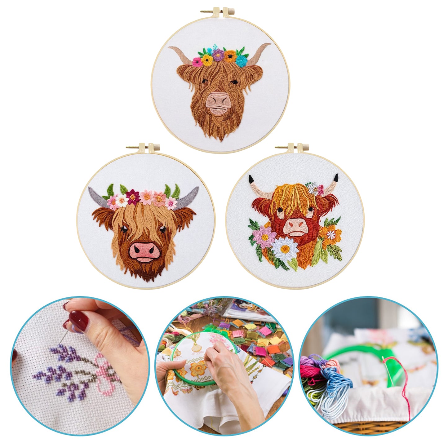 3PCS Yak - DIY Embroidery Cross Stitch Kit with Pattern Cotton Threads Needles Hoop 30x30CM/11.81x11.81in