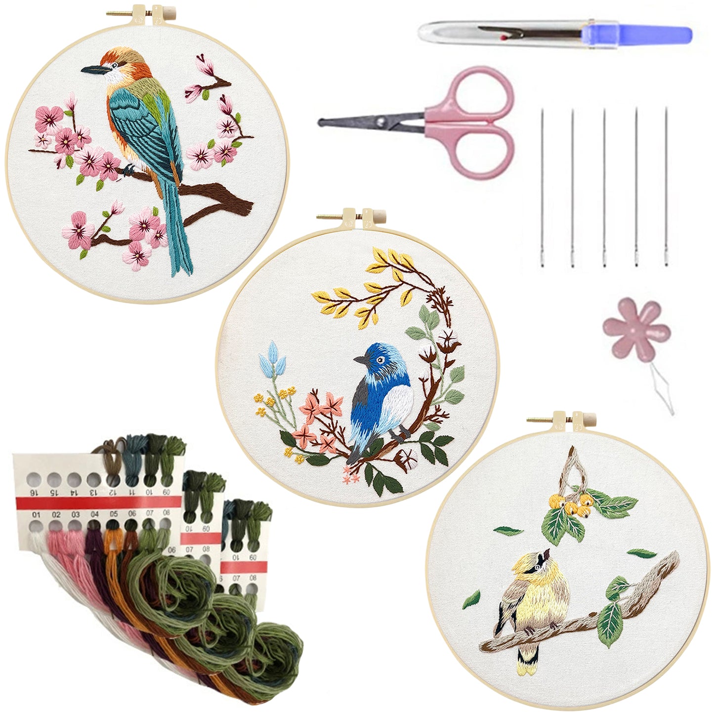 3PCS Birds - DIY Embroidery Cross Stitch Kit with Pattern Cotton Threads Needles Hoop 30x30CM/11.81x11.81in